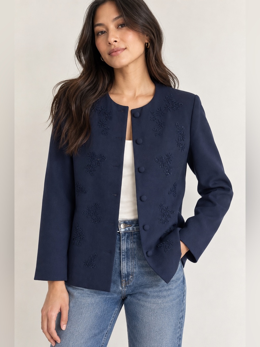 Vintage Alfred Dunner Navy Beaded Jacket 6P Made USA 80s 90s